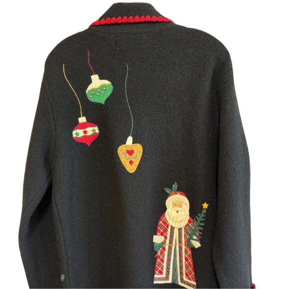 Vtg Sharon Young Black Wool Christmas Cardigan Santa Bear Button Down Hong Kong - Picture 12 of 15